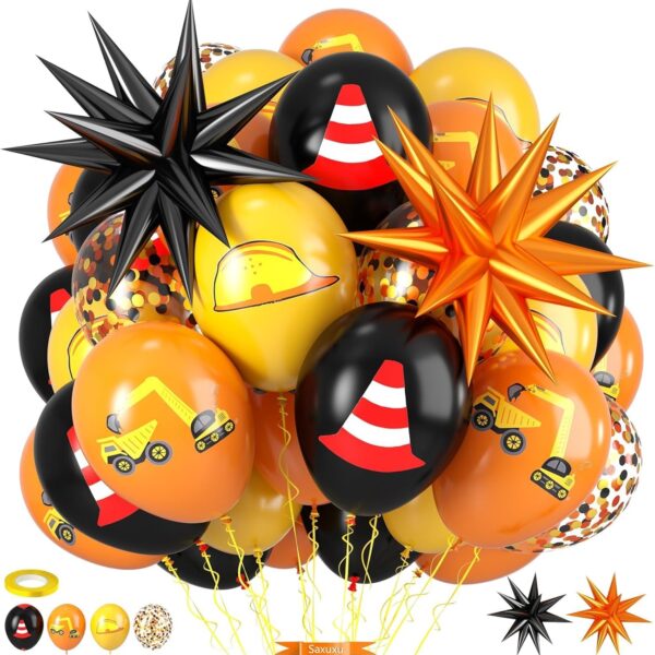 Construction Balloons, Black Orange Yellow Confetti Excavator Balloons