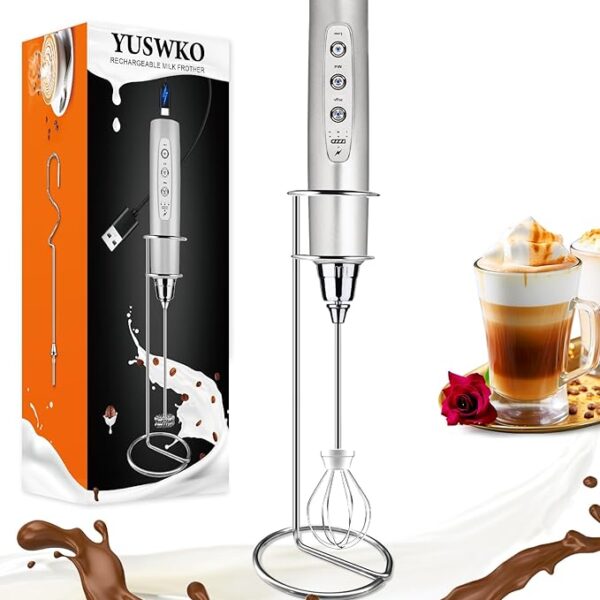 YUSWKO Silver Rechargeable Milk Frother for Coffee with Stand