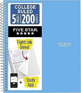 Five Star Spiral Notebook + Study App, 5 Subject