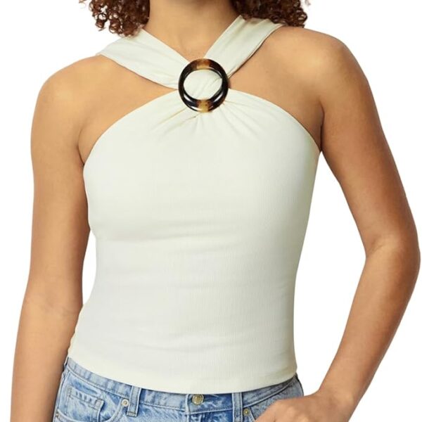 Amazon Essentials Women's Slim-Fit Ribbed Halter Top with Resin Detail