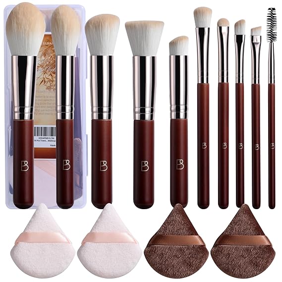 BS-MALL 10 Pcs Travel Makeup Brush Set With Super Soft Triangle Puffs