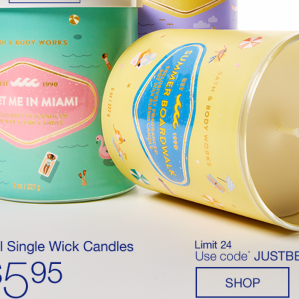 Bath and Body works Single wick candles ONLY $5.95 with code JUSTBEACHY