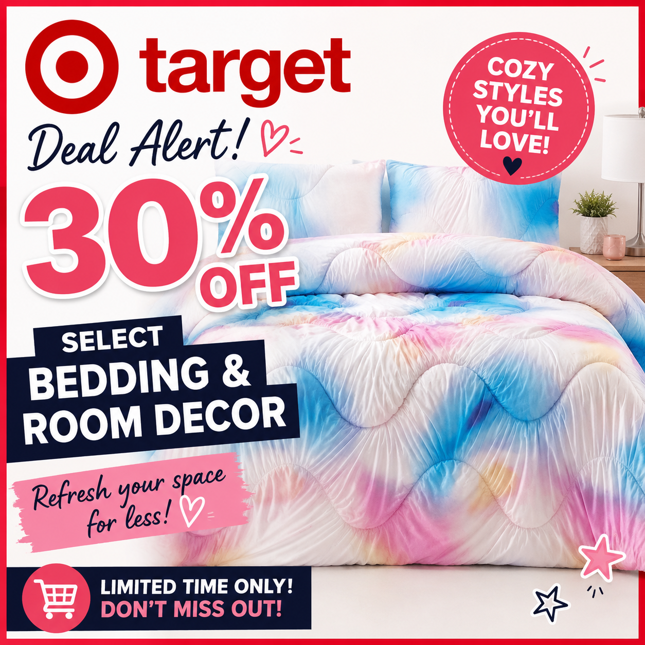 Refresh your space for less! 🎉 Get 30% OFF select bedding & room décor at Target
