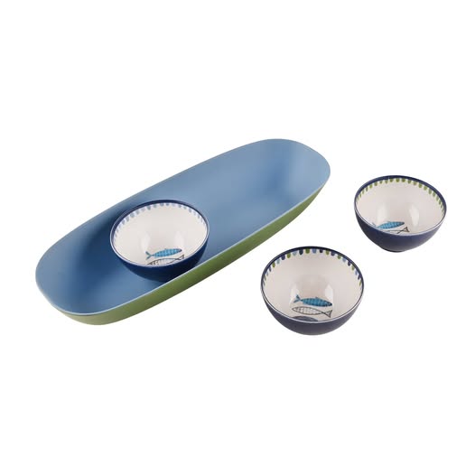 Bamboo Melamine Oval Serving Tray with Sardine Dip Bowls