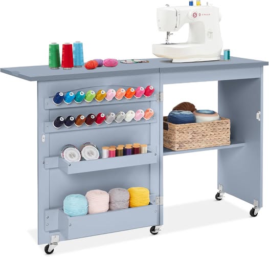 Folding Sewing Table with Storage & Wheels