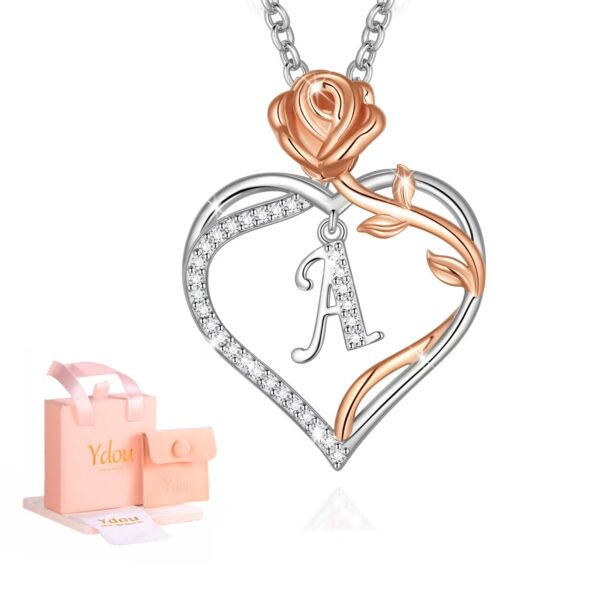 14K White Gold-Plated Rose Heart Initial Necklace