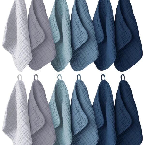 12-Pack 100% Cotton Muslin Baby Washcloths (12" × 12")