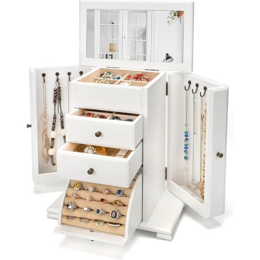 Wooden 4-Layer Jewelry Box Organizer for Rings, Earrings, Necklaces & Bracelets