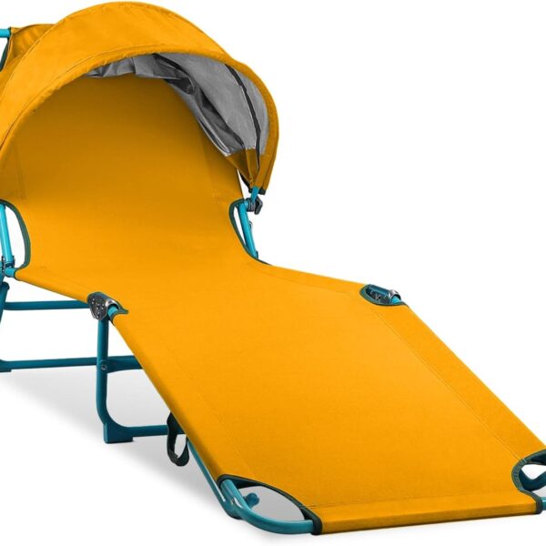 Adjustable Beach Lounge Chair with Sun Canopy (Yellow)