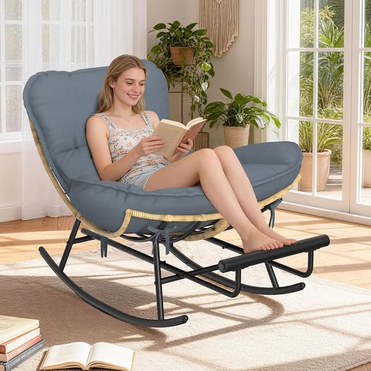 Oversized Papasan Rocking Chair with Footrest