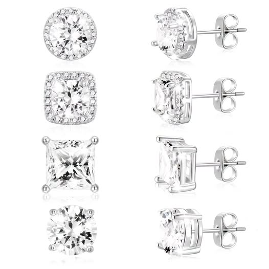 4-Pair 18K White Gold Plated Halo Stud Earrings Set
