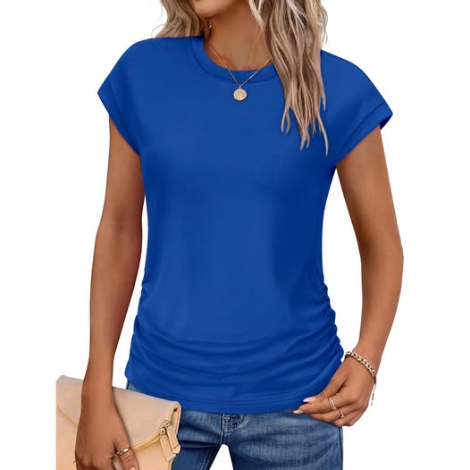 Women's Pleated Cap Sleeve Crew Neck Blouse