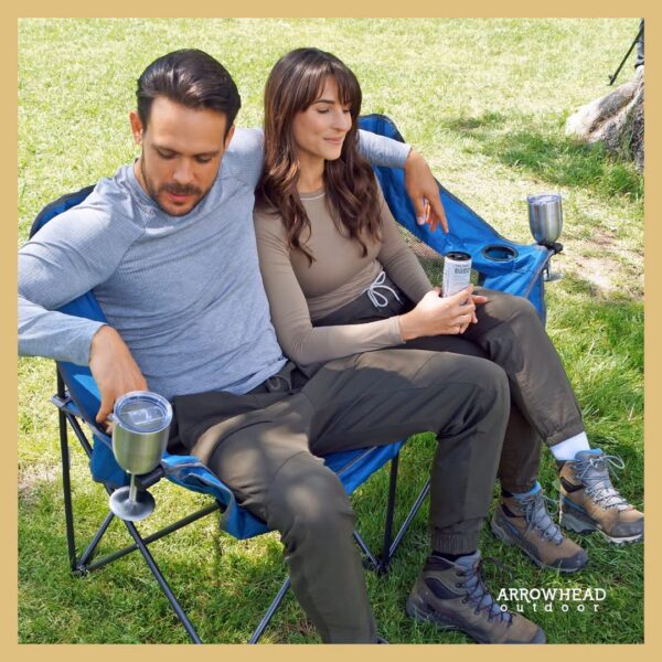 Portable Folding Double Duo Camping Chair Loveseat w/ 2 Cup & Wine Glass Holder