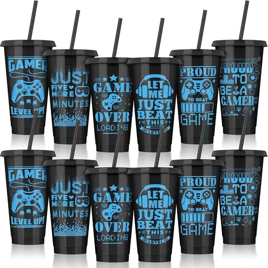 12-Piece Video Game Party Cups with Lids & Straws, 24 oz
