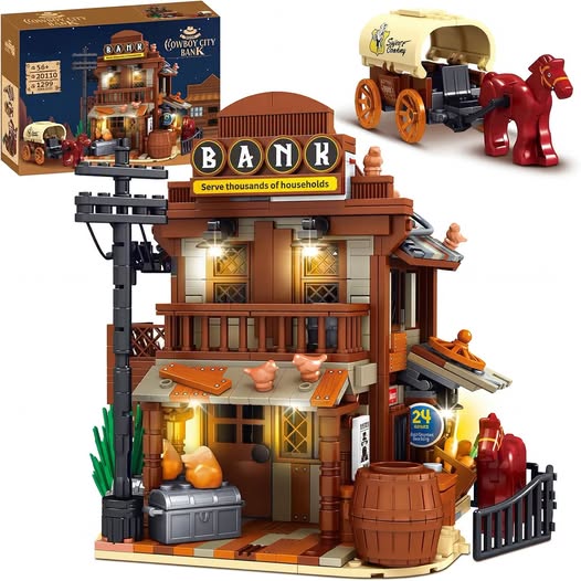 Wild West Cowboys Cabin Building Set with Horses, Wagon & LED Lights (1,299 Pieces)