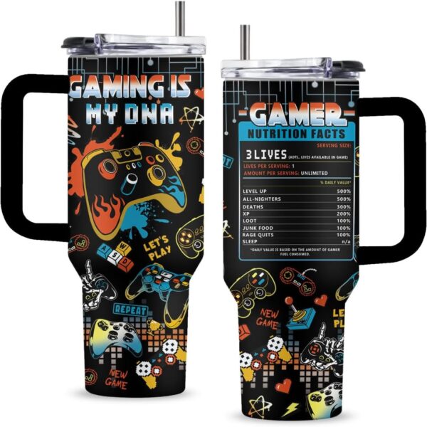 Gamer 40oz Tumbler, with Handle Straw, Stainless Steel Coffee Cup