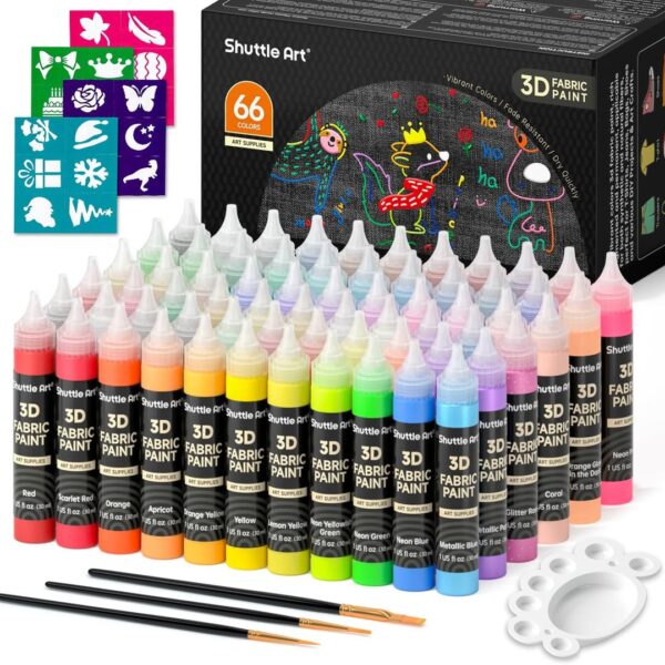 66 Colors Fabric Paint, Shuttle Art 3D Fabric Paint with Stencil and Brushes