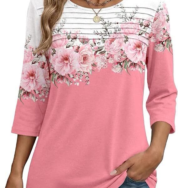 Womens Tops 3/4 Sleeve Blouses Dressy Casual Shirt Pleated Tunic