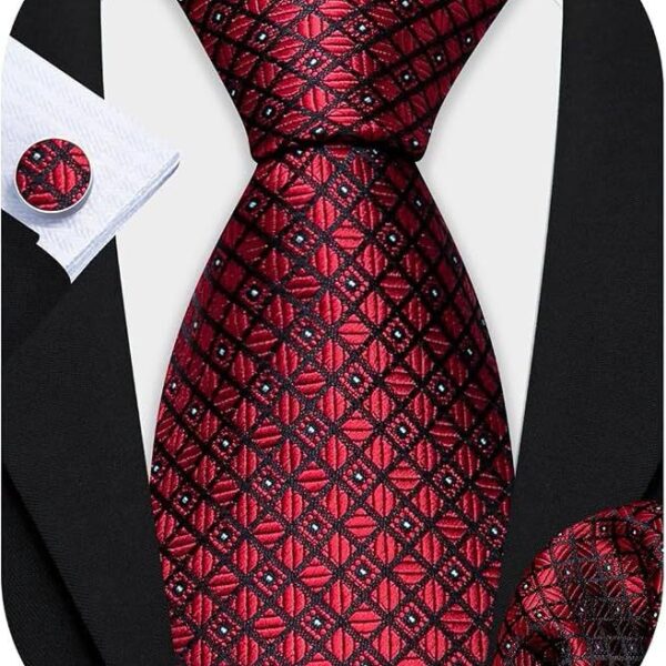 Mens Tie Set Plaid Check Stripe Neckties Pocket Square Cufflinks