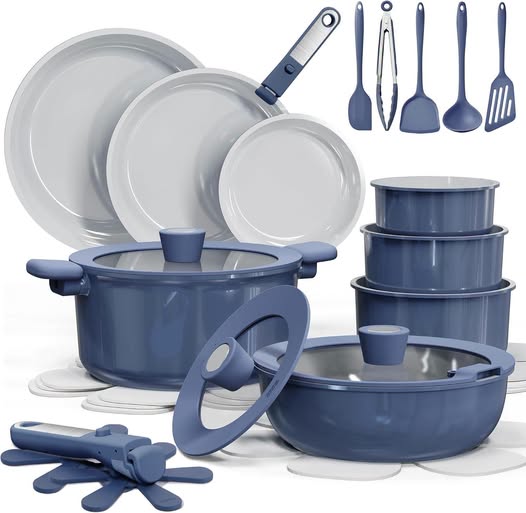 27-Piece Ceramic Cookware Set with Detachable Handle
