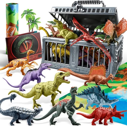 17-Piece Dinosaur Figures Playset with Play Mat & Storage Cage
