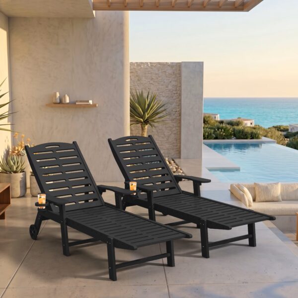 2 Pack Outdoor Chaise Lounge with Wheels & Cup Holder, All Weather 5-Position