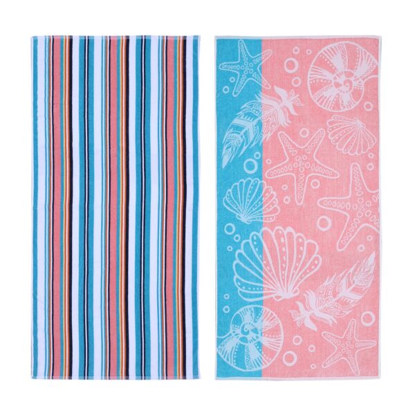 Rollback Mainstays 2pk Cotton Beach Towel, 58 x 28 in, Coral Starfish & Stripes