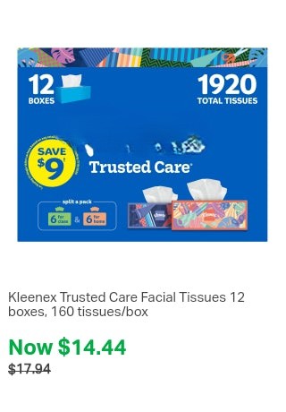 Sam's Club Kleenex Trusted Care Facial Tissues 12 boxes, 160 tissues/box Only $14