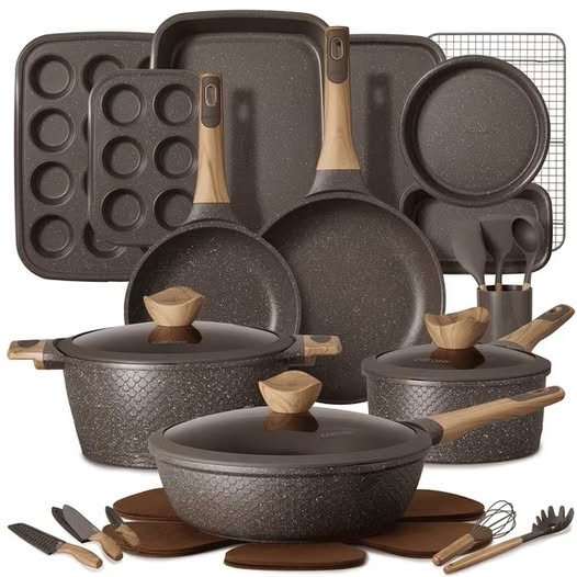 Nonstick Pots and Pans, Granite Cookware Set with Bakeware & Knives, Brown