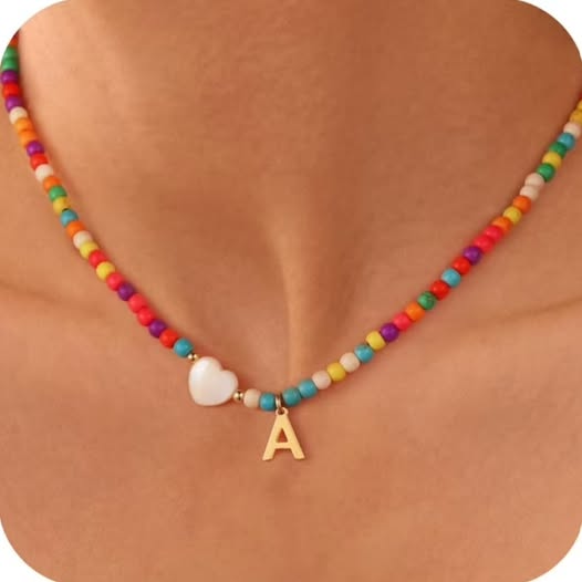 Colorful Initial Beaded Heart Choker Necklace