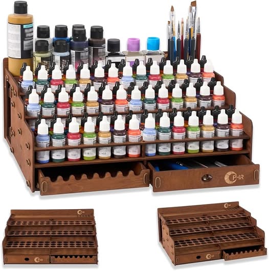 98-Hole Wooden Paint Organizer with Brush Storage