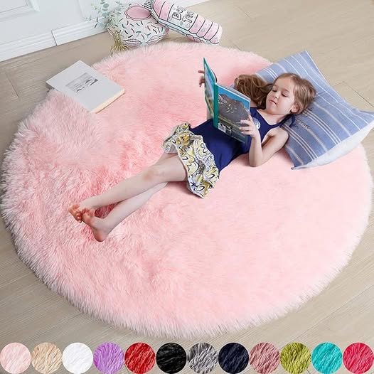 4Ft Pink Round Fluffy Area Rug for Kids' Rooms