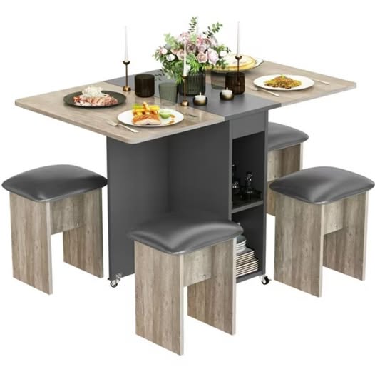 Folding Dining Table Set for 4 with 4 Chairs & Shelves