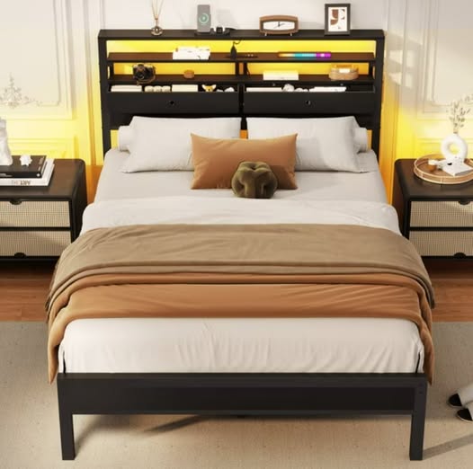 Full Size Bed Frame with 2 Storage Drawers Headboard, LED & Charging Station