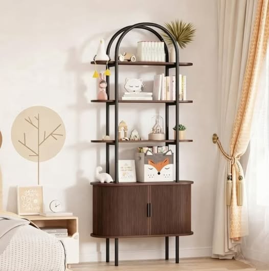 71" Tall Arched Bookshelf with Sliding Doors, 4-Tier Storage Shelf