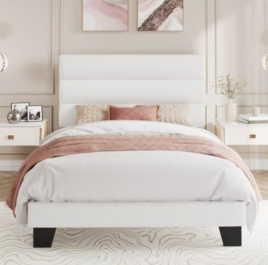 Twin Bed Frame, Platform Bed Frame with Velvet Upholstered Slat Headboard