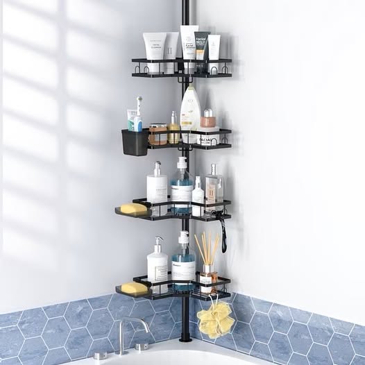 Caddy with Tension Pole: 4 Tier Adjustable L-shaped Corner Shower Organizer for Bath Essentials