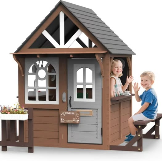 Large Wooden Outdoor Playhouse with Bench & Pretend Kitchen