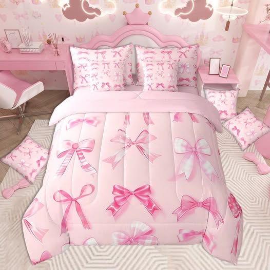 7-Piece Pink Bow Twin Bedding Set for Girls