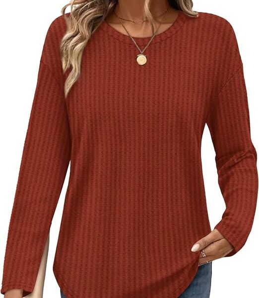 71% 0FF Women's Waffle-Knit Long-Sleeve Crew Neck Fall Top