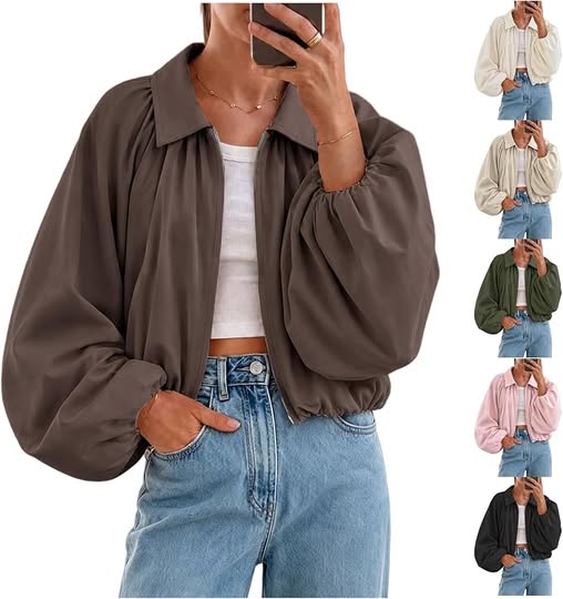 50% 0FF Women's Cropped Puff-Sleeve Pleated Bomber Jacket