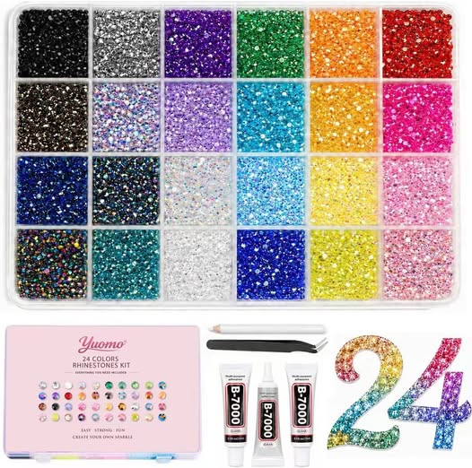 32,000-Piece 24-Color 3mm Resin Rhinestone Bedazzling Kit with Nail Glue