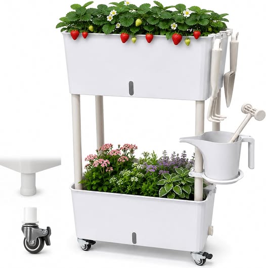 2-Tier Rolling Raised Garden Bed with Self-Watering Planter