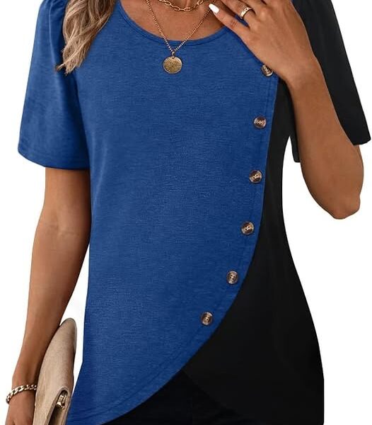 Women's Color-Block Short-Sleeve Asymmetrical Pullover Top
