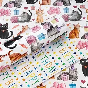 17" x 16.5' Reversible Cat Birthday Wrapping Paper Roll