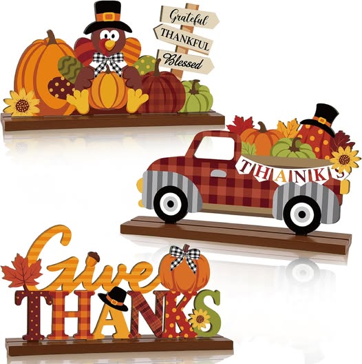 3-Piece Wooden Fall Table Centerpieces with Thanksgiving Harvest Designs