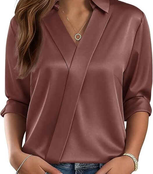 Women's Long Sleeve V-Neck Satin Business Casual Blouse