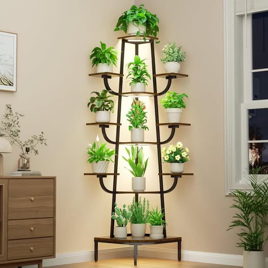 72" 8-Tier Tree-Shaped Corner Plant Stand with Grow Light, Black