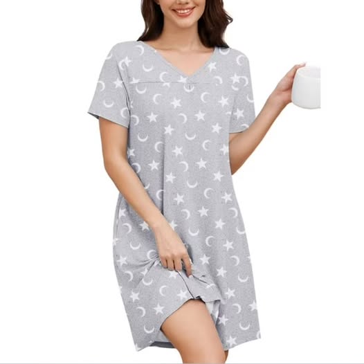 Women's Short-Sleeve V-Neck Nightgown with Pockets