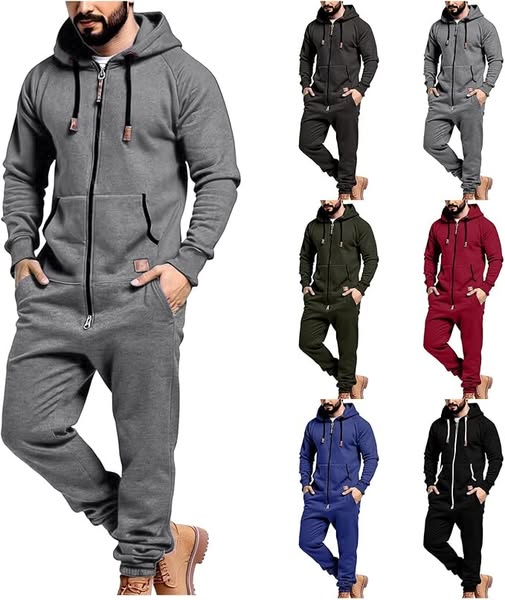 50% 0FF Men's Fleece Hooded One-Piece Jumpsuit with Pockets